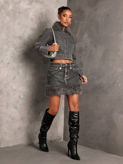 SHEIN BAE 女士羊羔绒衬里牛仔夹克，长袖，短款，深灰色