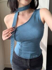 DAZY 女士无袖牛仔系带短款吊带背心 - 中等水洗藍 - 查看 1