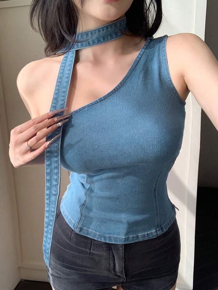 Women's Sleeveless Denim Tie Neck Cropped Camisole