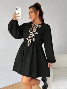 SHEIN EZwear Plus Size Leopard Print Color Block Dress - Black - View 3