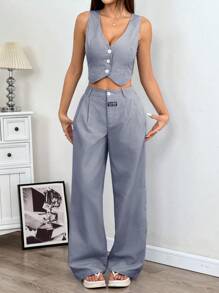 SHEIN EZwear Ladies' Linen Simple Stripe Print Tube Top And Long Pants Two Pieces Set In Fall/Winter - Navy Blue - View 5