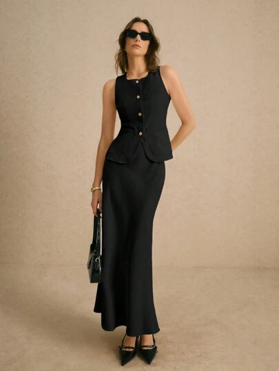 Poéselle 2pcs Excellent Minimalist Sharp And Fashionable, Single-Breasted Vest And Skirt Set, Fashion, Elegant, Leisure, Simple Daily, Solid Color Fall Business Casual Woman Work Clothes Office Wear Women Old Money Style Women Office Attire Business Basic