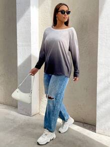 SHEIN Essnce Plus Size Women Autumn And Winter Fashion Casual Loose Gradient Print Off-Shoulder Long-Sleeved Black T-Shirt,Fall Women Clothes,Curv Tops,Y2k,Street Wear,Black Grey Long Sleeve Top,Printed T-Shirt