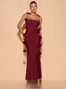 SHEIN BAE 女士花卉装饰细肩带露背垂褶领派对礼服，适合节日、婚礼宾客、秋季 - 酒紅色 - 查看 3