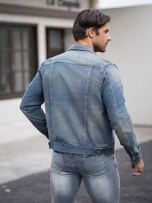 Manfinity Homme Men's Autumn Long Sleeve Pocket Turndown Collar Washed Denim Jacket - Dark Wash - View 2