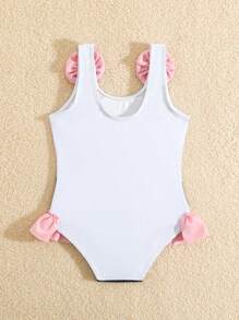 Baby Girl Contrast Color Cat Pattern 3D Flower Ruffled One-Piece Swimsuit - Black and White - View 2