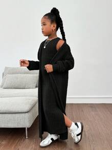 SHEIN Conjunto de niña preadolescente de cárdigan de punto acanalado de otoño/invierno con vestido entallado con abertura - Negro - Ver 4