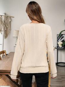 SHEIN VCAY 女式纯色方领长袖罗纹宽松休闲运动衫，秋季 - 杏色 - 查看 2