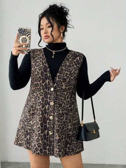 Elenzga Vestido estampado de leopardo con cuello en V y sin mangas para mujer de talla grande, otoño/invierno