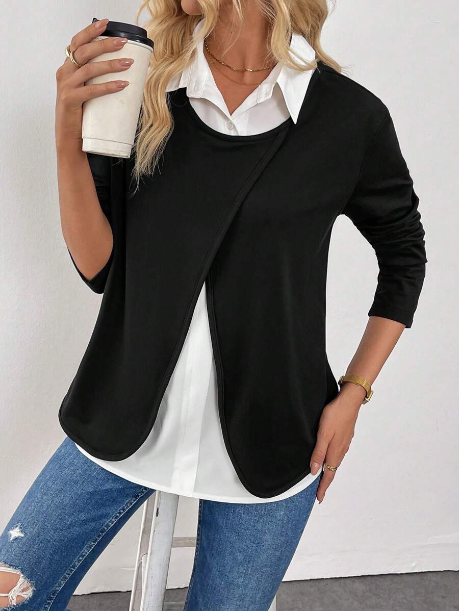SHEIN LUNE 1 chiếc áo sơ mi dài tay 2 trong 1 chắp vá màu tương phản thu đông dành cho nữ - Đen và trắng - Xem 1