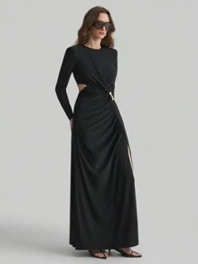 Ontre Long Sleeve Knit Dress, Material, Women's Clothing 2025 New Spring Collection, Black Color V-Neck Long Sleeve High Slit Elegant Sexy Dress, Women's Spring/Summer Clothing, Metal Decor - Black - View 5