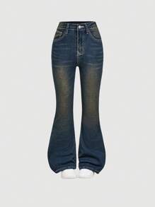 SHEIN Jeans acampanados de mezclilla con bordado de mariposa de cristal vintage de cintura baja estilo Y2K para niña preadolescente, otoño invierno vuelta al colegio - Azul lavado oscuro - Ver 2