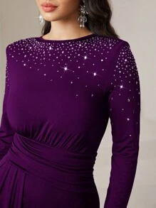 Veilorie Vrouwen ronde hals lange mouw gerimpelde taille splice flounce zeemeermin maxi elegante jurk met strass detail bescheiden