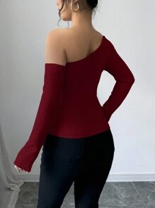 Elenzga 女士优雅 3D 花朵装饰斜肩长袖 T 恤，秋冬 - 紅色 - 查看 2