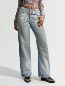SHEIN ICON Women's Simplicity Front Button Pocket With Belt Casual Denim Jeans, For Daily Wear Grunge Washed Distressed - Light Wash - View 6