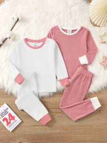 SHEIN 4pcs Young Girl Snug Fit Casual & Comfy Crew Neck Color Block Long Sleeve Top And Pants Pajama Set