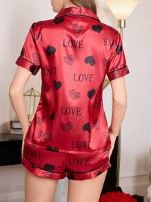 Satin Feel Heart Print Short Sleeve Shorts 2 Pieces Pajama Set, V-Neck Open Front - Red - View 2