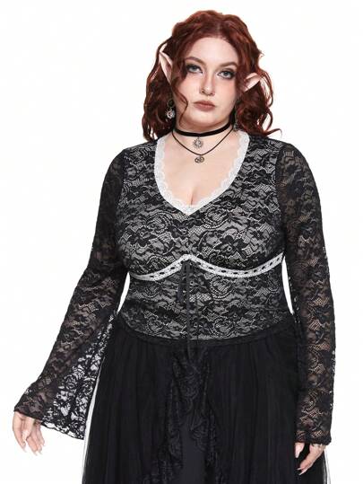 Fairycore Blusa de talla grande para mujeres con mangas de campana y cuello en V con encaje