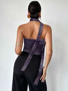 SHEIN Privé 女士优雅浪漫性感简约扎染印花褶皱露背上衣