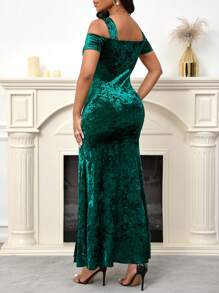 SHEIN Lady Váy dự tiệc cưới màu xanh lá cây cho phụ nữ, váy dự tiệc ngày lễ, vải nhung kim cương - màu xanh lá - Xem 2