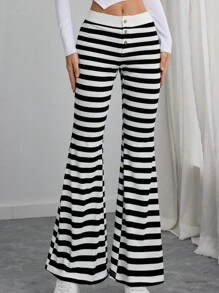 SHEIN EZwear Casual Knit Black And White Striped Low Waist Straight Leg Women Pants