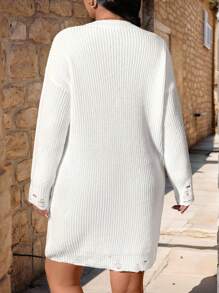 Calvaya Plus Size Women's Casual Loose Ripped Hem Patchwork Bow Round Neck Long Sleeve Sweater Dress, For Winter - White - View 2