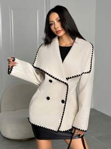 SHEIN EZwear Women Double-Breasted Contrast Trim Long Sleeve Coat - Apricot - View 3
