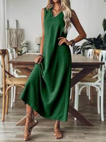 Breezaya 女士纯色 V 领无袖长款宽松休闲连衣裙长款女装