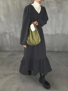 FRIFUL Vestido largo informal de mujer de unicolor con lazo de atar y volantes en el bajo, otoño