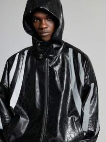 NEON BLANC Men's Leather Jacket With Reflective Digits,Black Autumn Streetwear Holiday Hooded Long Sleeve Athletic Hiking Rapper Jacket,Gifts For Husband,Fall - Black - View 4