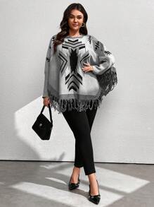 SHEIN LUNE بلوزة نسائية كبيرة الحجم بنمط هندسي وياقة طاقم وأكمام خفافيش، بلوزة صوفية مضفرة للخريف والشتاء - متعدد الألوان - مشاهدة 5
