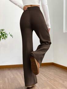 SHEIN EZwear High Waist Flare Leg Khaki Knit Pants - Coffee Brown - View 2