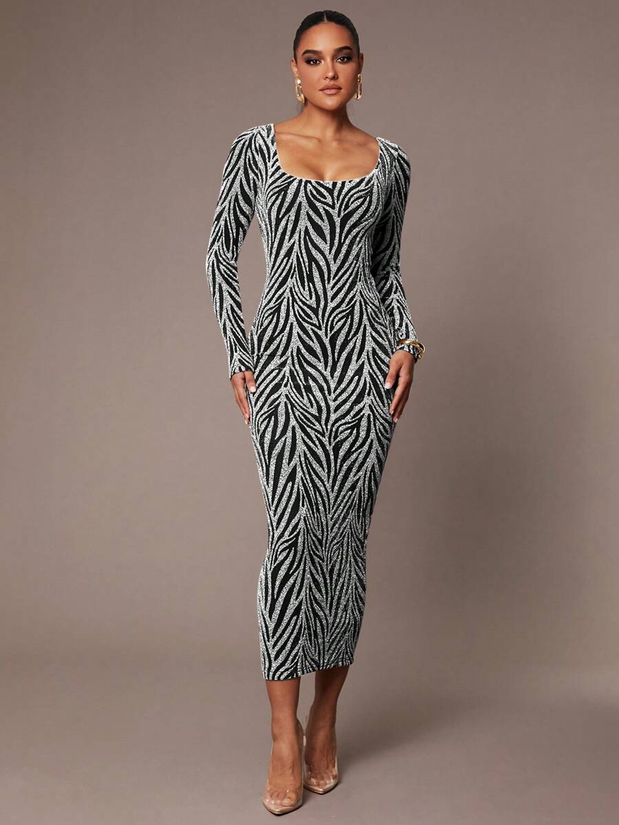 Silquee 女士优雅华丽派对女士长袖适合秋冬季方领闪光修身连衣裙万圣节 - 銀色 - 查看 1