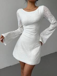 Siren Gaze 女士纯色A字下摆小礼服白色露背仙女短裙法式连衣裙白色玫瑰纹理跨年连衣裙春秋装 - 白色 - 查看 5