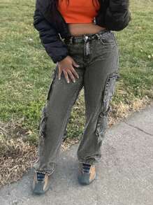 Women's Y2K Streetwear Multi-Pocket Straight Leg Cargo Jeans With Flap Pockets - Light Grey - View 5