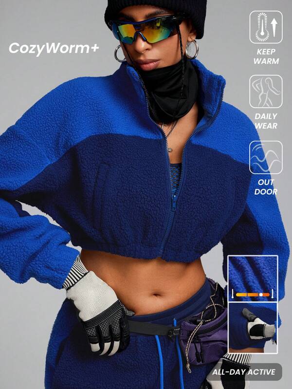 Innovista Chaqueta deportiva de mujer con forro polar de sherpa y bloques de color para exteriores, chaqueta con cremallera de chándal para mujer, abrigo de forro polar para senderismo, chaqueta deportiva azul, ropa de otoño e invierno para mujer, esquí, ropa de clima frío, atuendos de otoño para mujer en color azul claro