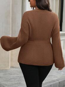 SHEIN LUNE Plus Size Solid Color Pullover Sweater, Casual & Fashionable For Everyday Wear Knit Pullover Fall Winter - Camel - View 2
