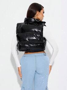 SHEIN SXY Áo vest đệm da PU màu đen cho mùa thu đông thường ngày, áo khoác dày giữ ấm, quần áo khoét lỗ, quần áo mùa đông cho nữ, áo khoác mùa đông cho nữ, nhẹ và thường ngày - màu đen - Xem 2