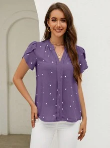 SHEIN Clasi Áo sơ mi thường ngày tay ngắn cổ chữ V, thời trang tối giản cho trang phục hàng ngày - Màu tím - Xem 6