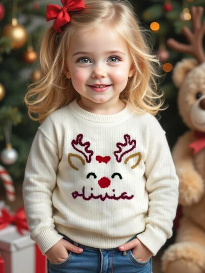 Baby Girls' Casual Cute Pattern Loose Round Neck Long Sleeve Sweater, Suitable For Autumn/Winter