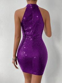 Allurite Halter Neck Sequin Bodycon Dress For Holiday Party Clothes - Purple - View 2