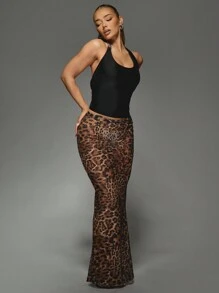 MISSGUIDED 豹纹网眼超长裙透视蕾丝长裙动物图案秋冬派对晚会修身及地透明裙 - 彩色 - 查看 5