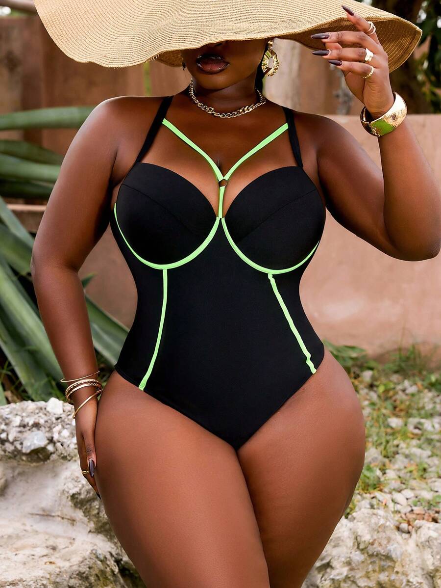 Slaydiva Plus Size 1pc Tankini z krzyżującymi się ramiączkami spaghetti i fiszbinami, jednoczęściowy kostium kąpielowy z kontrolą brzucha na wypoczynek na plaży, basenie, latem - Czarne - Zobacz 1