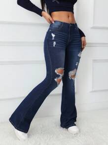 Flexra Women's Flared Distressed Jeans, Minimalist Fashion Casual Everyday Wear - Dark Wash - View 6