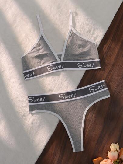 EasyFave Yoga Letter Tape Contrast Binding BH Slipje Lingerie Set Sports view 6