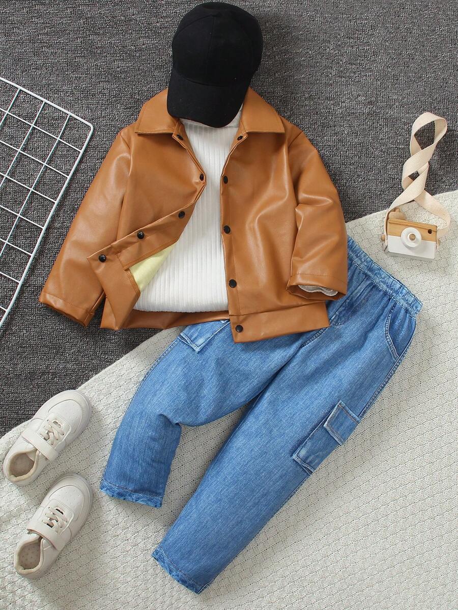 2pcs/Set Young Boy British Style Leather Jacket With Single-Breasted Lapel, Loose Fit And Denim Effect Pants, Suitable For Spring/Autumn, Outdoor, Streetwear, Daily Wear