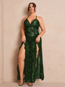 Viva Relle 加大码性感植绒网眼高开叉露背连衣裙，超长女装