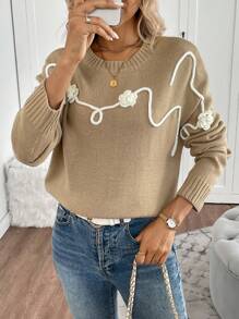 Chiquease Women Contrast Color Round Neck Casual Long Sleeve Pullover Sweater With 3D Flower Decor Knit Pullover Fall Winter - Khaki - View 6