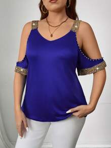 Damen Große Größen Sommer Lässig T-Shirt mit freien Schultern und kurzen Ärmeln mit Webstoff Damen Oberteil