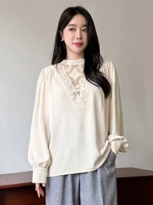 DAZY 1pc Women's Solid Color Loose Contrast Lace Stand Collar Long Sleeve Shirt,Fall Clothes - Apricot - View 7